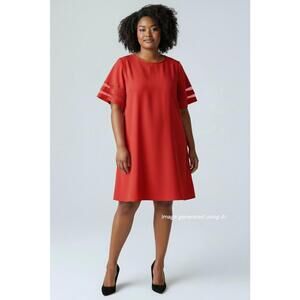 TECREW Chic Red Ruffled Striped Mesh Sleeve Dress - Size XL